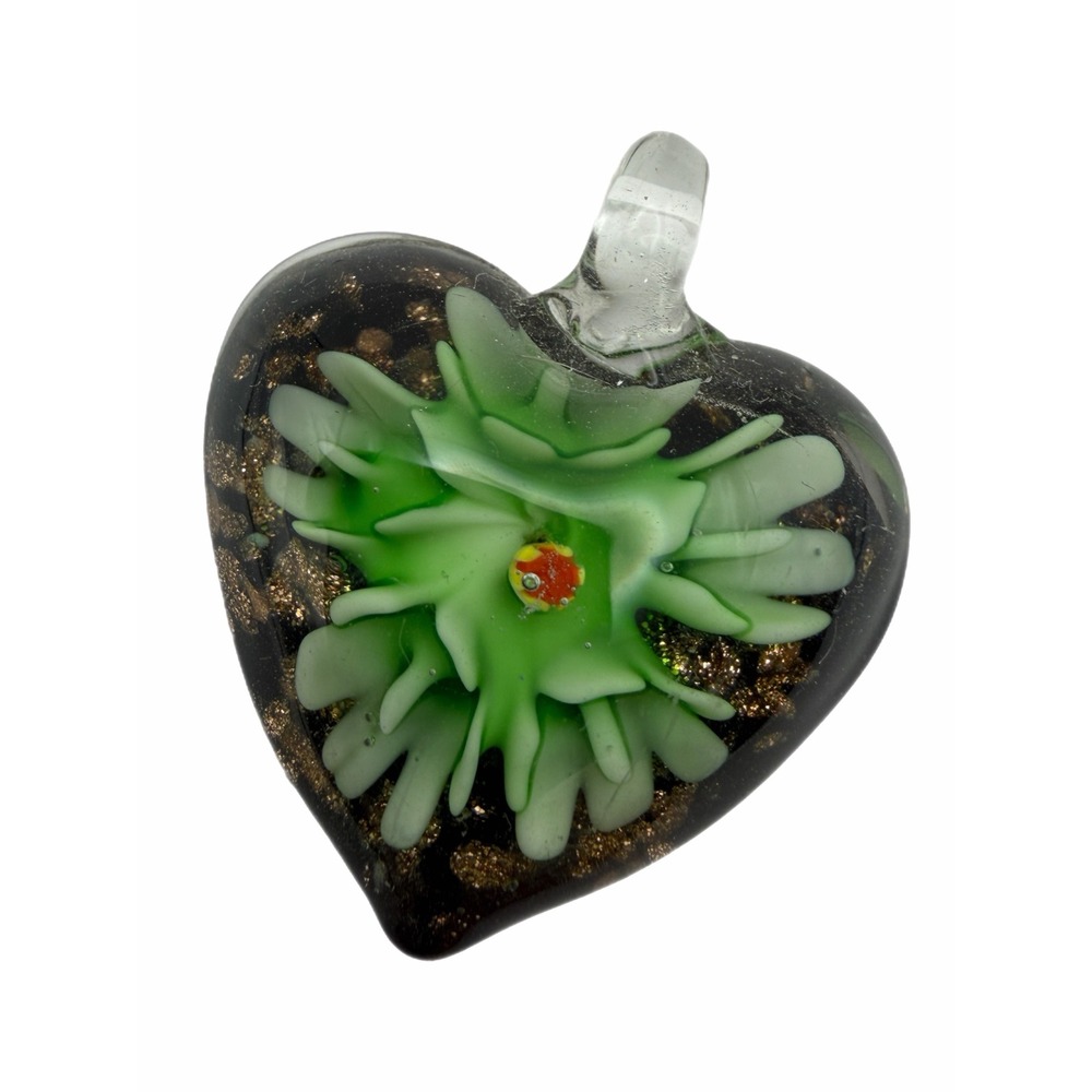 Handmade Lampwork Glass Heart Pendant Green Floral Gold Aventurine Black Charm
